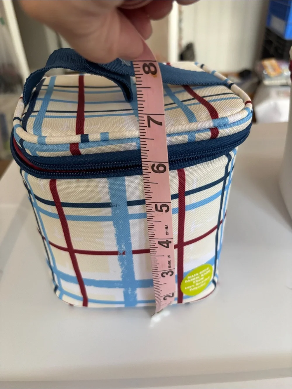 Insulated Plaid Lunch Cooler Tote - Navy, Light Blue & Burgundy